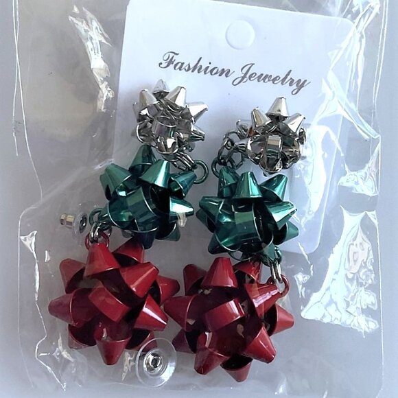 NEW HOLIDAY GIFT BOWS TIER METAL EARRINGS RED GREEN SILVER - Picture 6 of 8